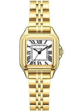 Women's Gold White Square Dial Dainty Vintage Stainless Steel Band Wrist Watch